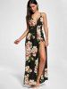 Floral Slit Backless Maxi Slip Plunge Dress -  