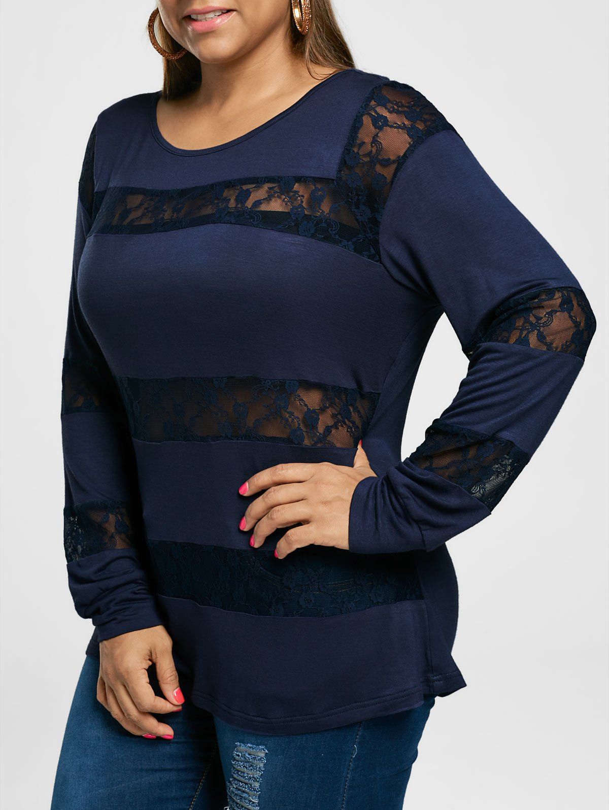 

Plus Size Lace Insert Long Sleeve Tee, Purplish blue