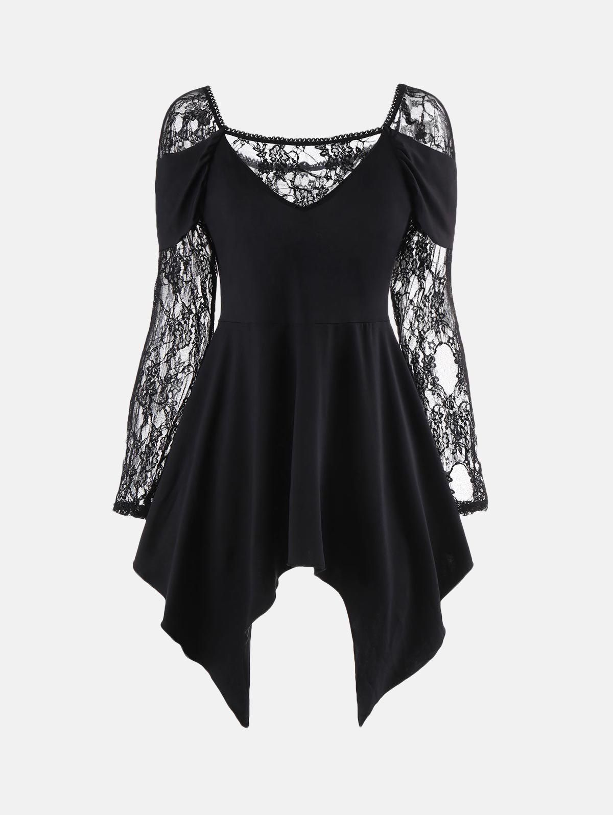 

Long Lace Sleeve Handkerchief Tunic Top, Black