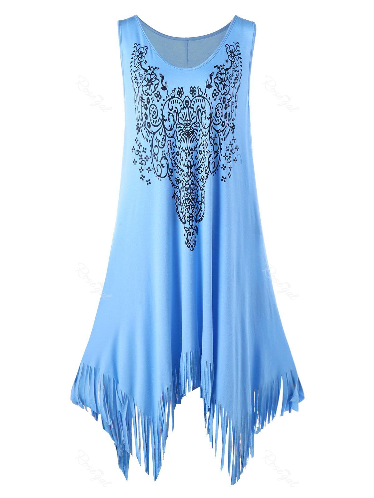 

Plus Size Floral Fringed Handkerchief Flowy Dress, Blue