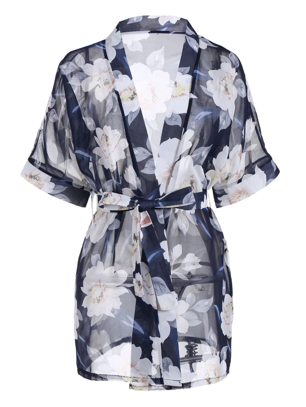 

Floral Chiffon Sheer Robe with Belt, Cerulean