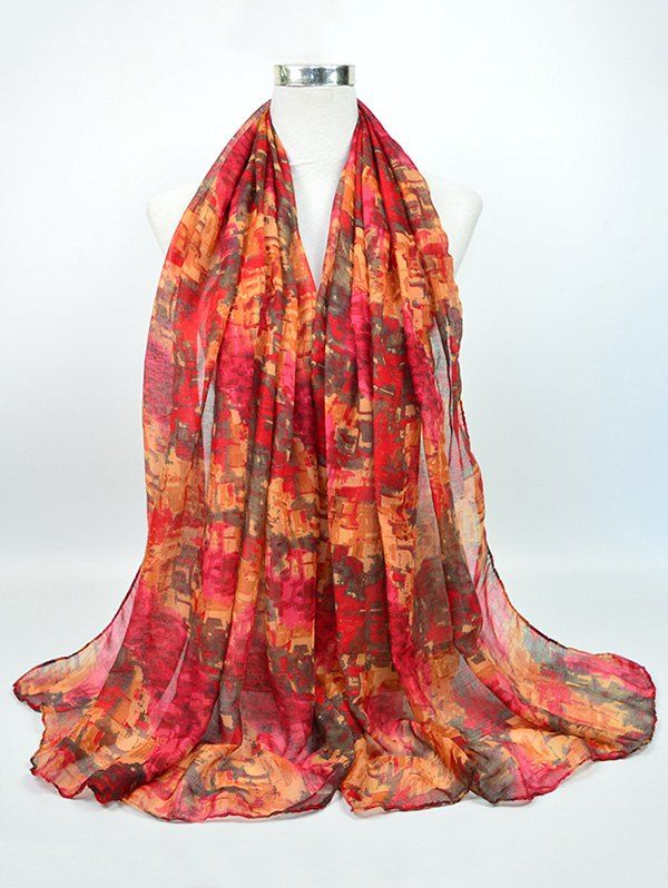 

Voile Nostalgic Pattern Gossamer Shawl Scarf, Red