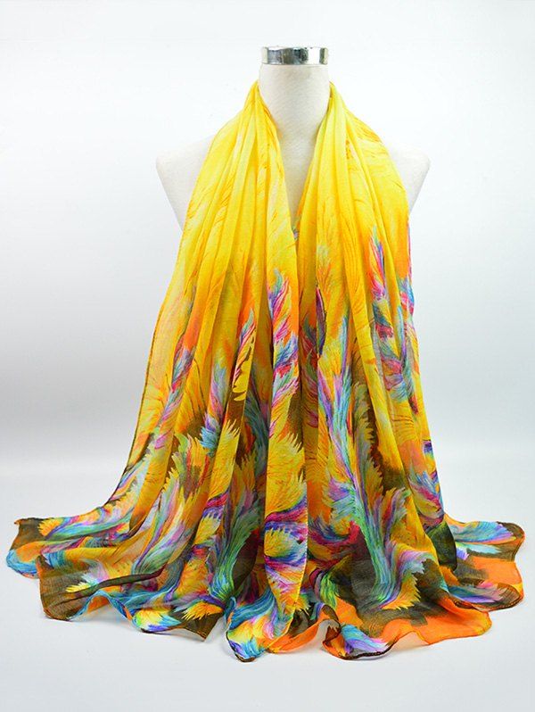 

Voile Multicolor Watercolour Printing Gossamer Shawl Scarf, Yellow