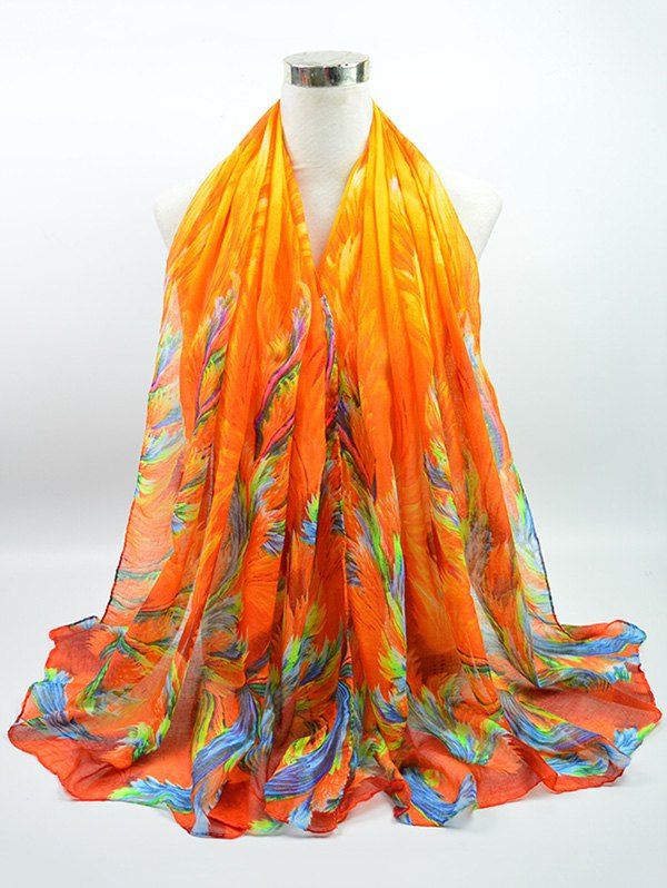 

Voile Multicolor Watercolour Printing Gossamer Shawl Scarf, Bright orange
