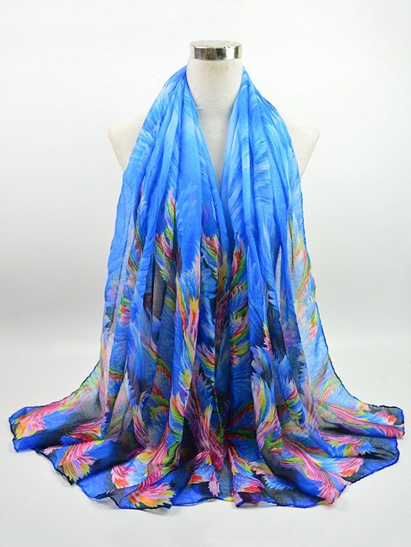 

Voile Multicolor Watercolour Printing Gossamer Shawl Scarf, Blue