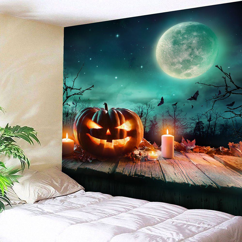 

Halloween Moon Candle Pumpkin Waterproof Tapestry, Colorful