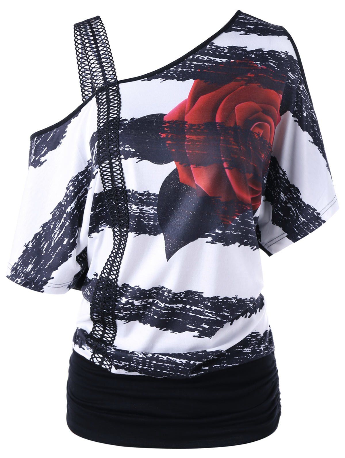 

Skew Neck Floral Print Tee, Black white
