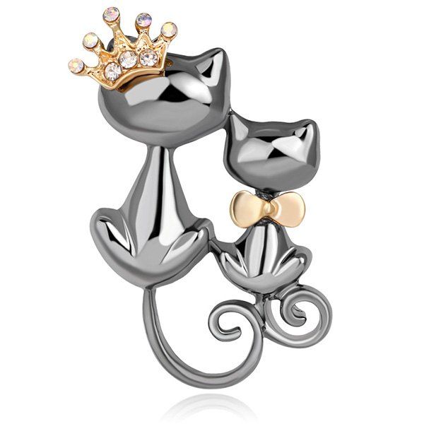 

Double Cartoon Cat Design Plated Rhinestone Brooch, Gray