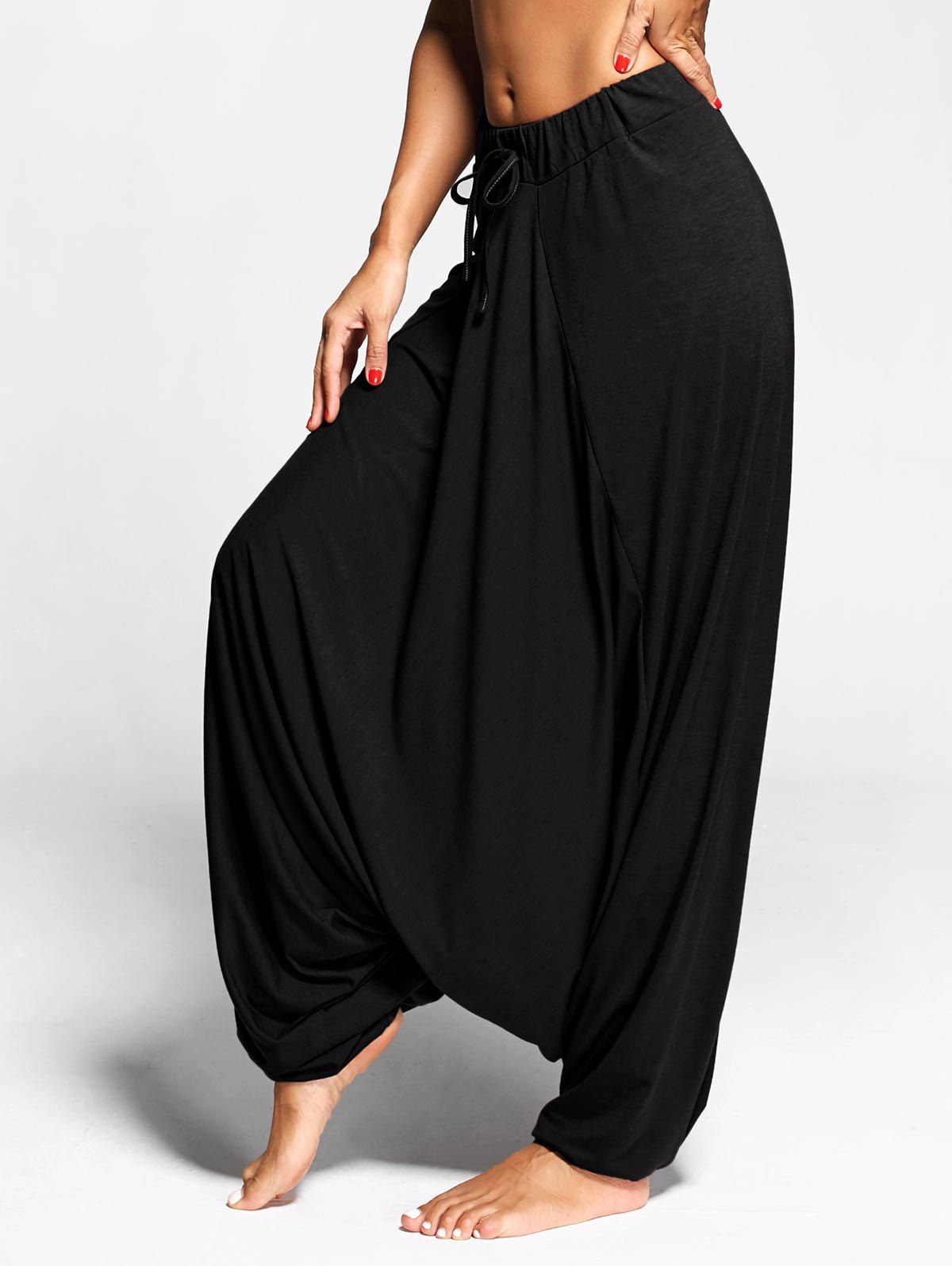 

Drawstring Drop Bottom Harem Pants, Black