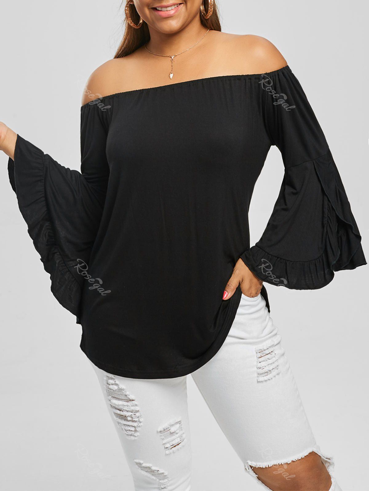 

Plus Size Flare Sleeve Off The Shoulder Top, Black
