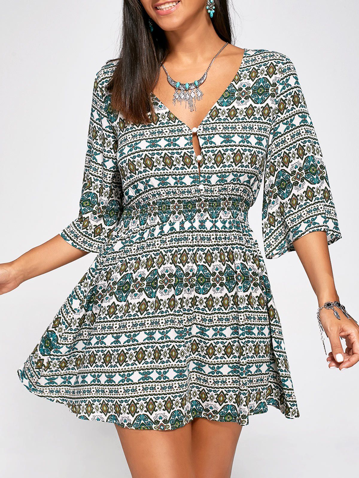 

Half Buttons Elastic High Waist Skater Dress, Colormix