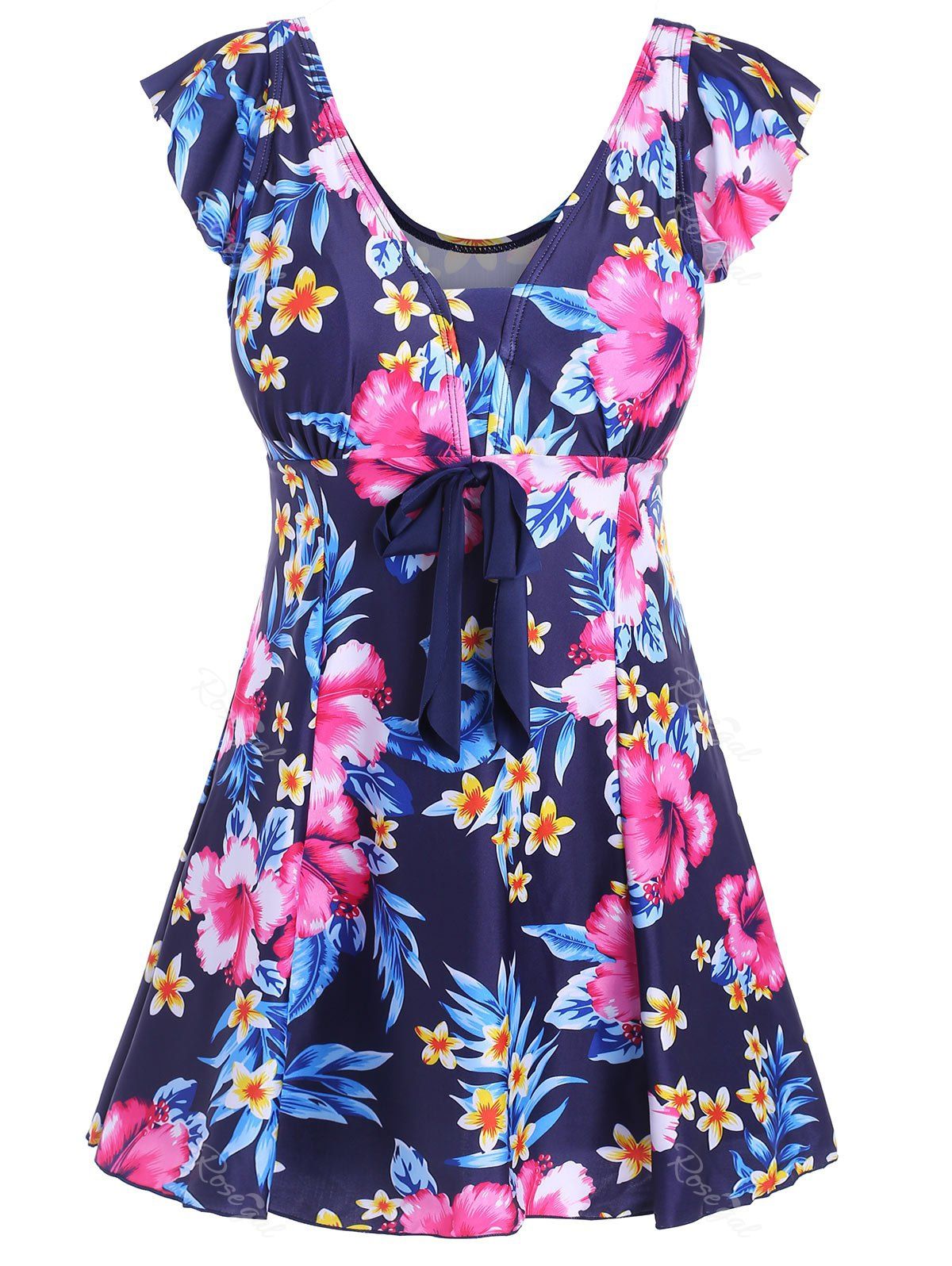 

Underwire Padded Floral Plus Size Swimdress, Blue