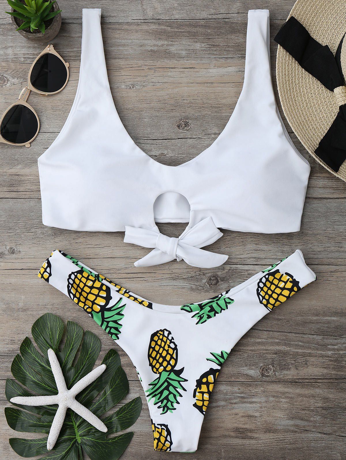 

Pineapple Print Thong Bikini Set, White