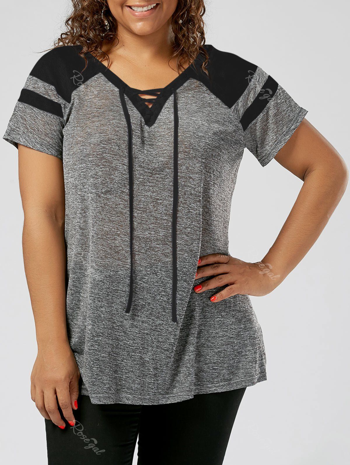 

Plus Size Lace Up Raglan Sleeve Top, Black and grey