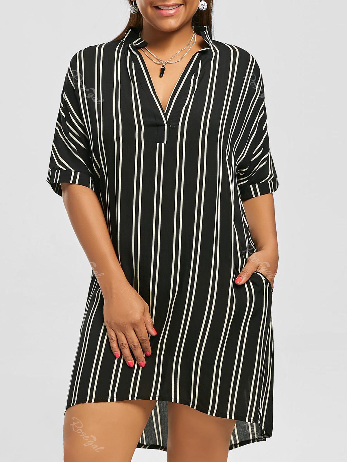 

Casual Knee Length Plus Size Pockets High Low Stripe Shirt Dress, Black