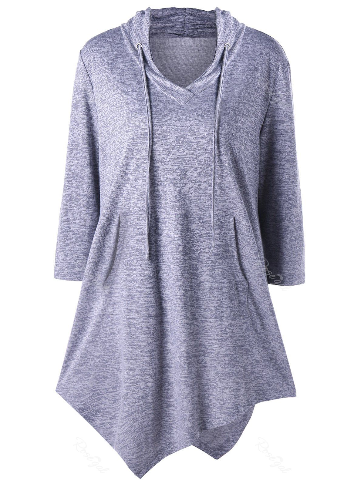 

Plus Size Kangaroo Pocket Asymmetrical Drawstring Tee, Gray