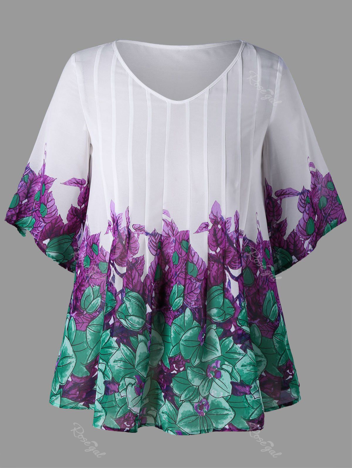 

Plus Size Leaf Print Pintuck Blouse, White