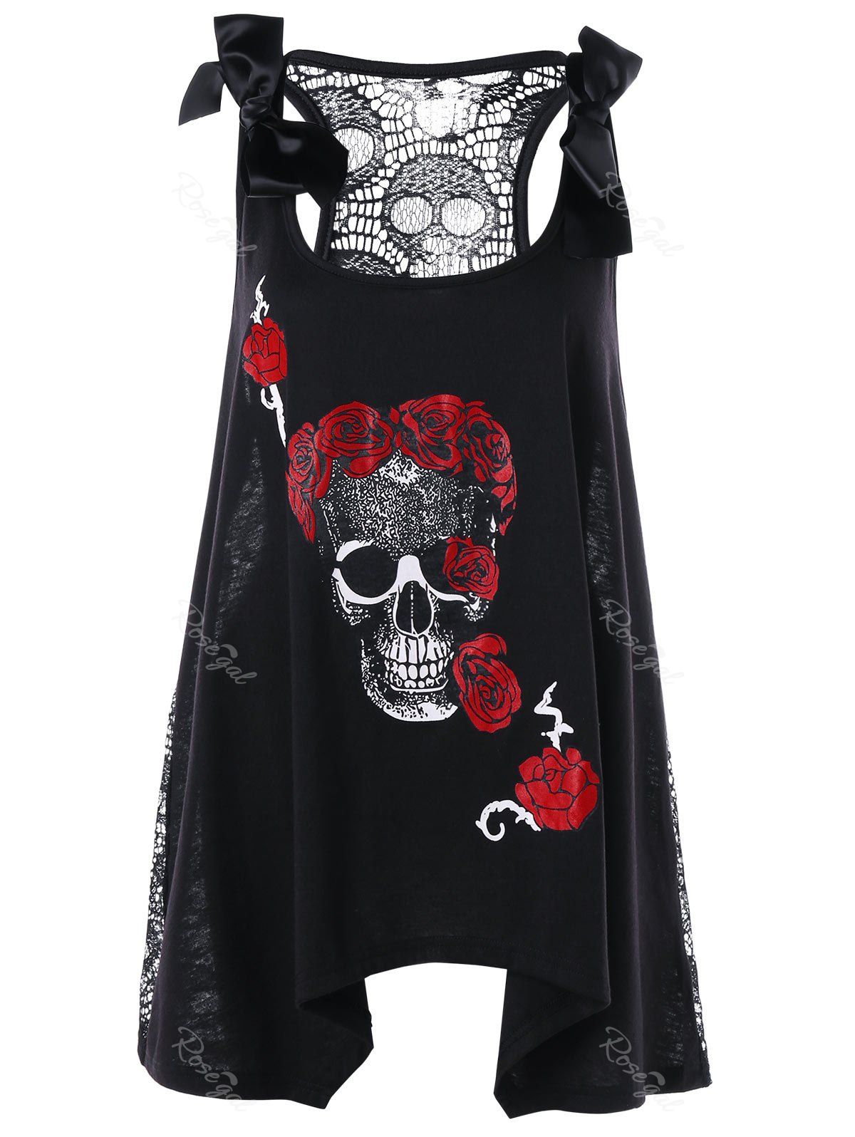 

Skull Floral Handkerchief Lace Panel Plus Size Top, Black