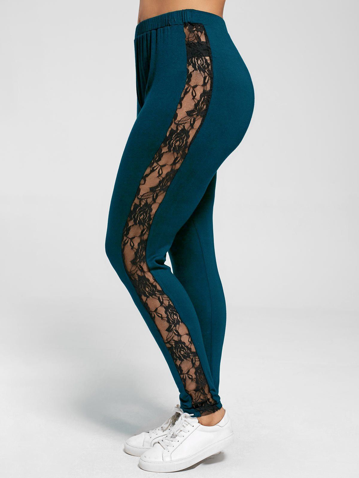 

Plus Size Lace Trim Sheer Leggings, Peacock blue