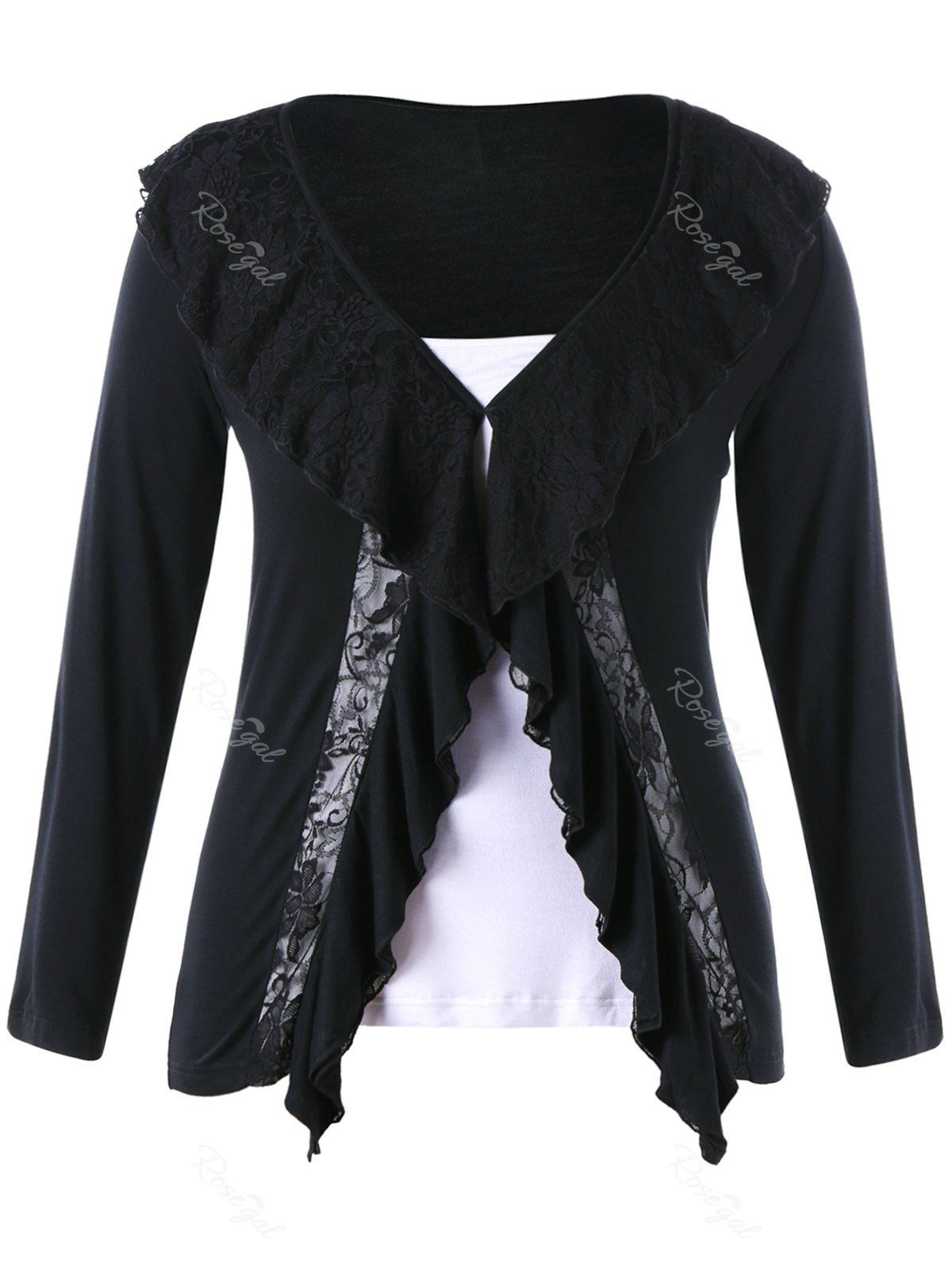 

Plus Size Lace Panel Two Tone Top, Black