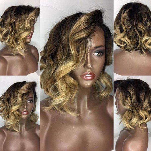 

Deep Side Part Short Loose Wavy Bob Colormix Lace Front Human Hair Wig, Golden yellow
