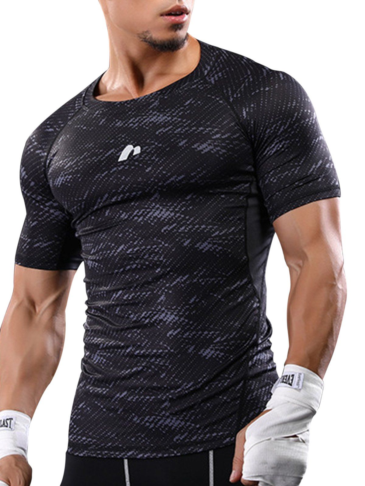 

Camouflage Raglan Sleeve Quick Dry Stretchy Gym T-shirt, Gray