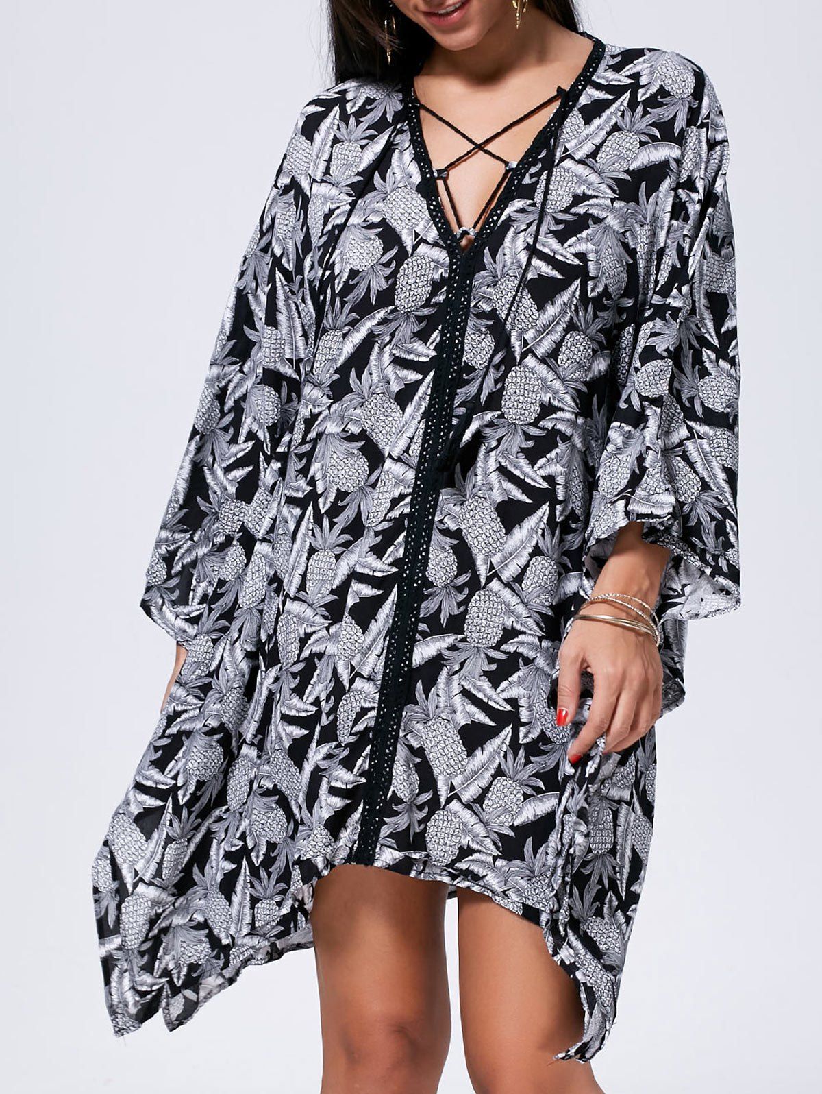 

Lace Up Printed Kaftan Dress, Black white