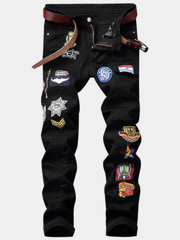 

Cartoon Embroidered Appliques Zipper Fly Pocket Ripped Jeans, Black
