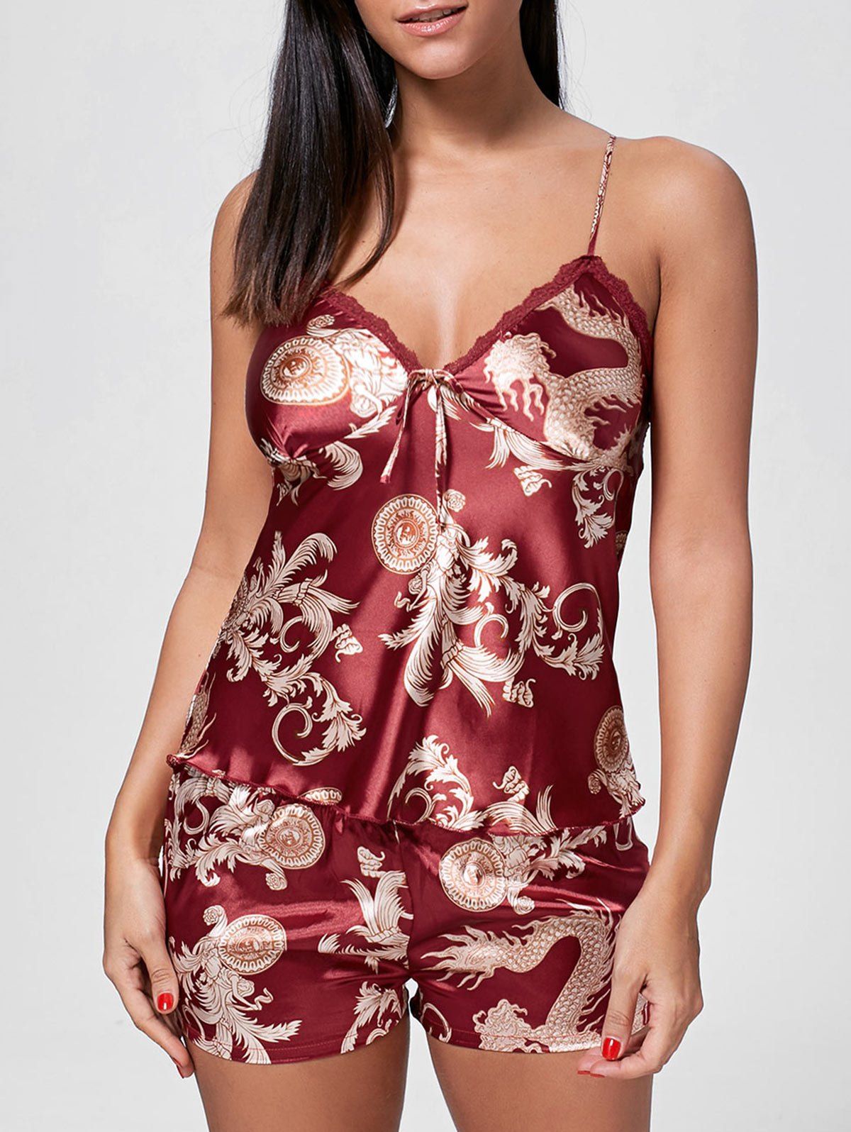 

Printed Satin Slip Sleepwear Set, Wine red