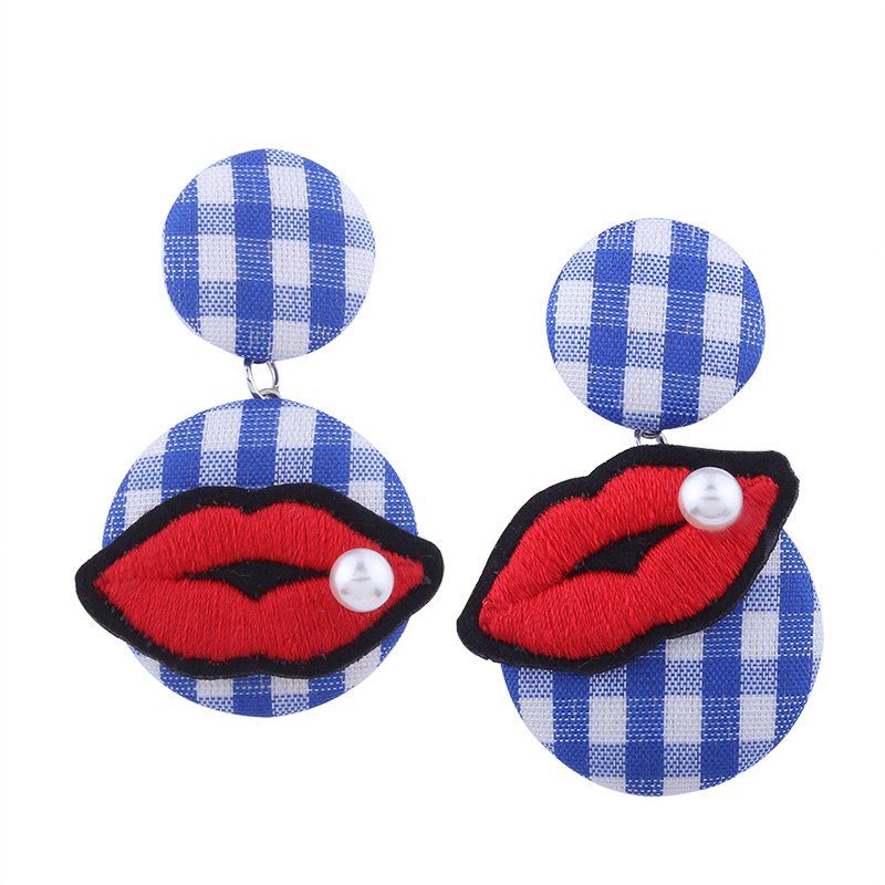 

Faux Pearl Embroidery Lips Plaid Earrings, Blue