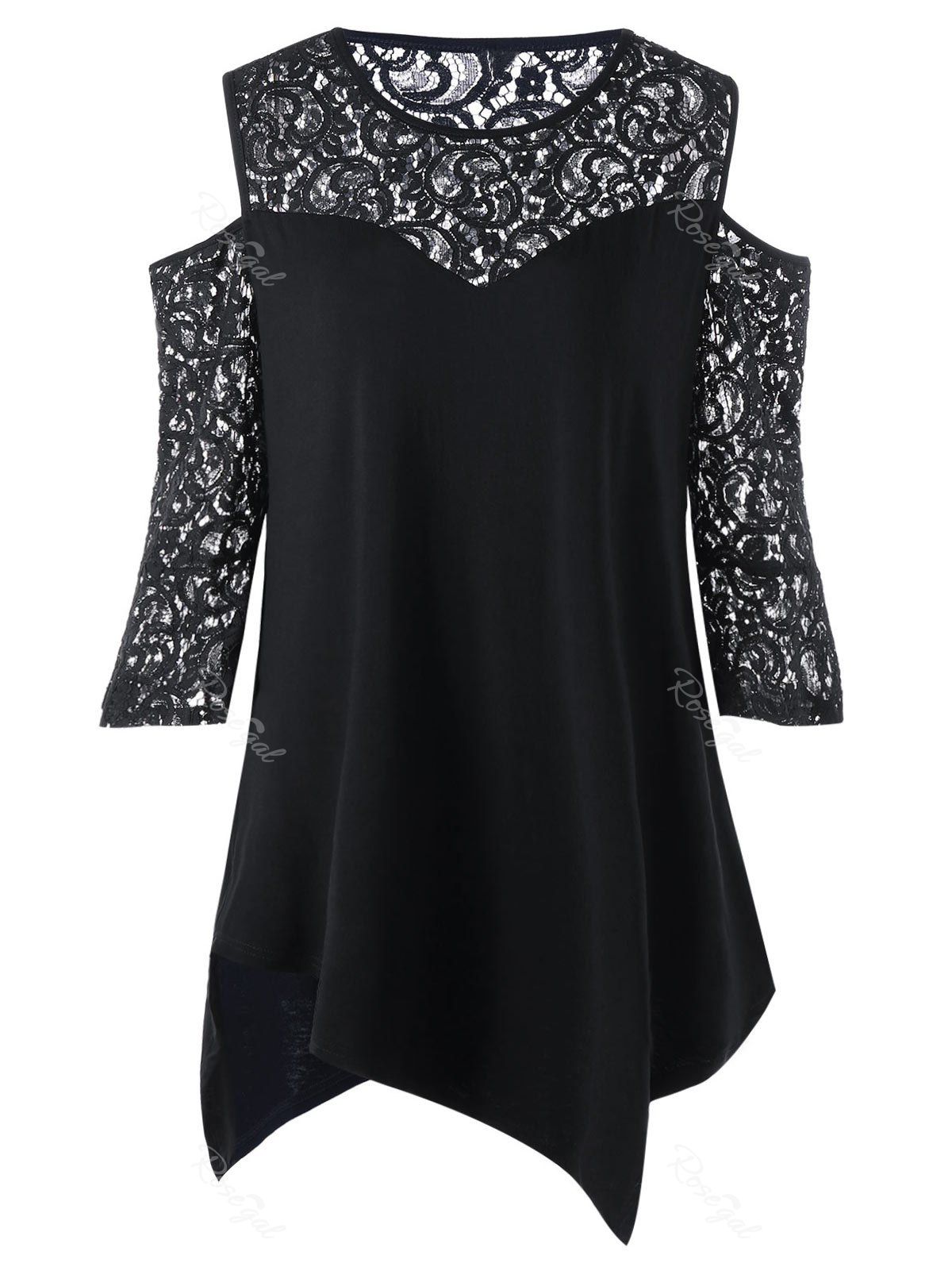 

Plus Size Lace Panel Cold Shoulder Blouse, Black