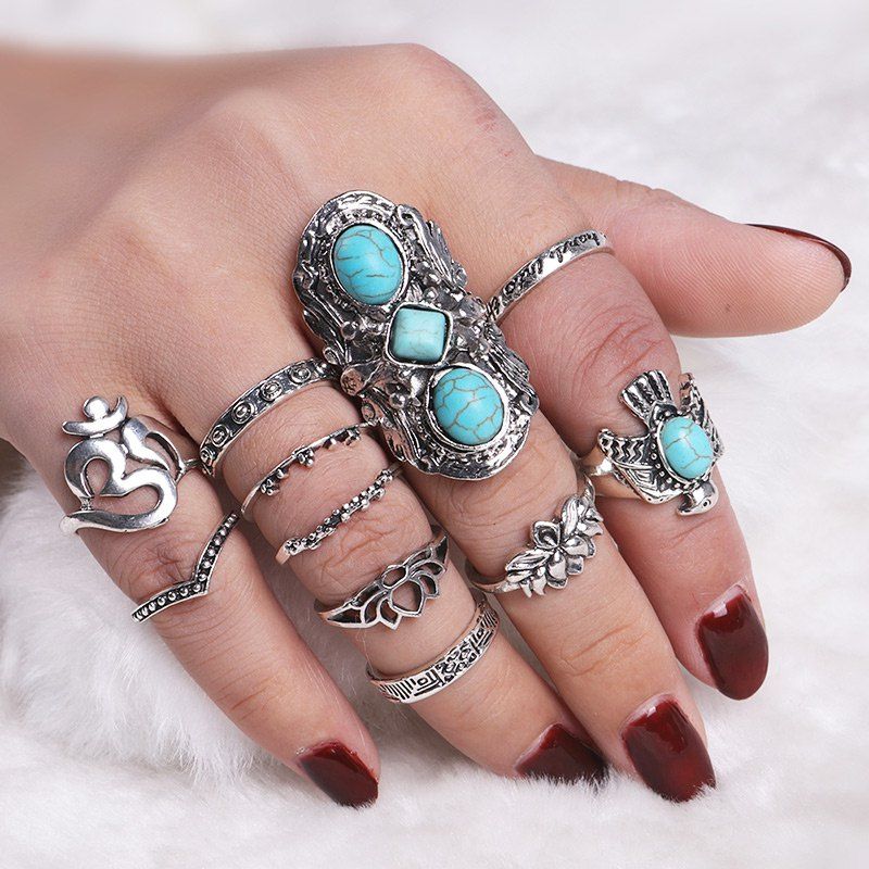 

Faux Turquoise Floral Fly Eagle Ring Set, Silver