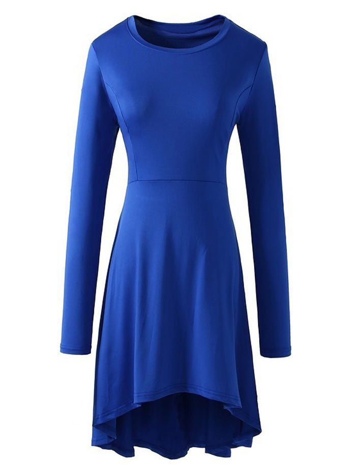 

High Low Long Sleeve Flare Dress, Blue