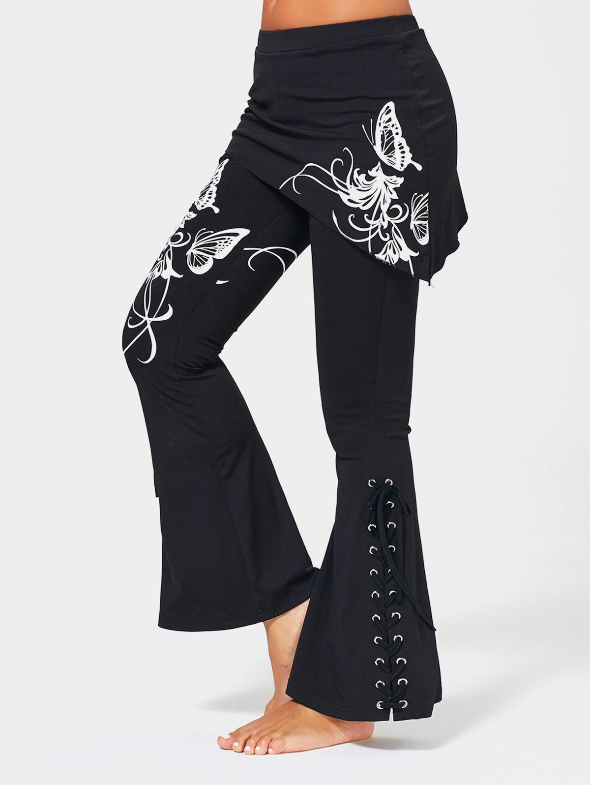 

Criss Cross Bottom Flare Pants with Print, Black