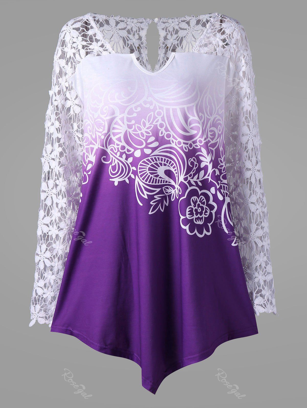  Purple  Xl Plus  Size  Ombre Lace Yoke Top RoseGal com