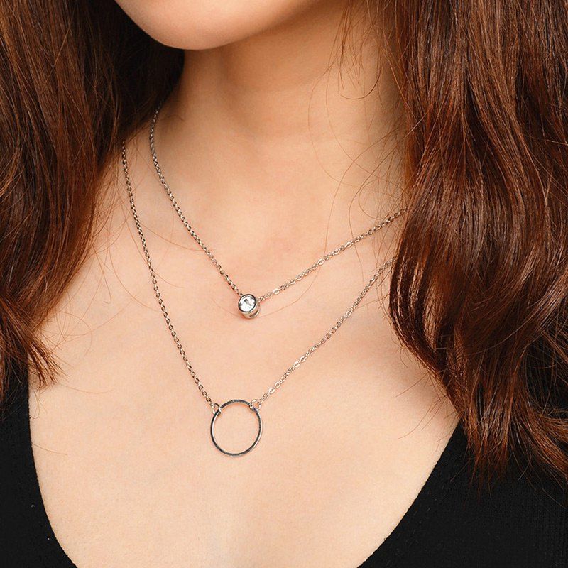 

Rhinestone Circle Collarbone Necklace Set, Silver