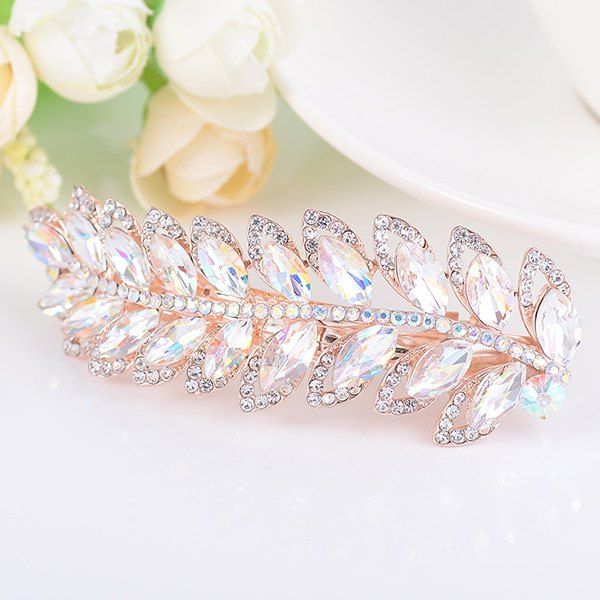 

Rhinestone Faux Gem Leaf Shape Barrette, White