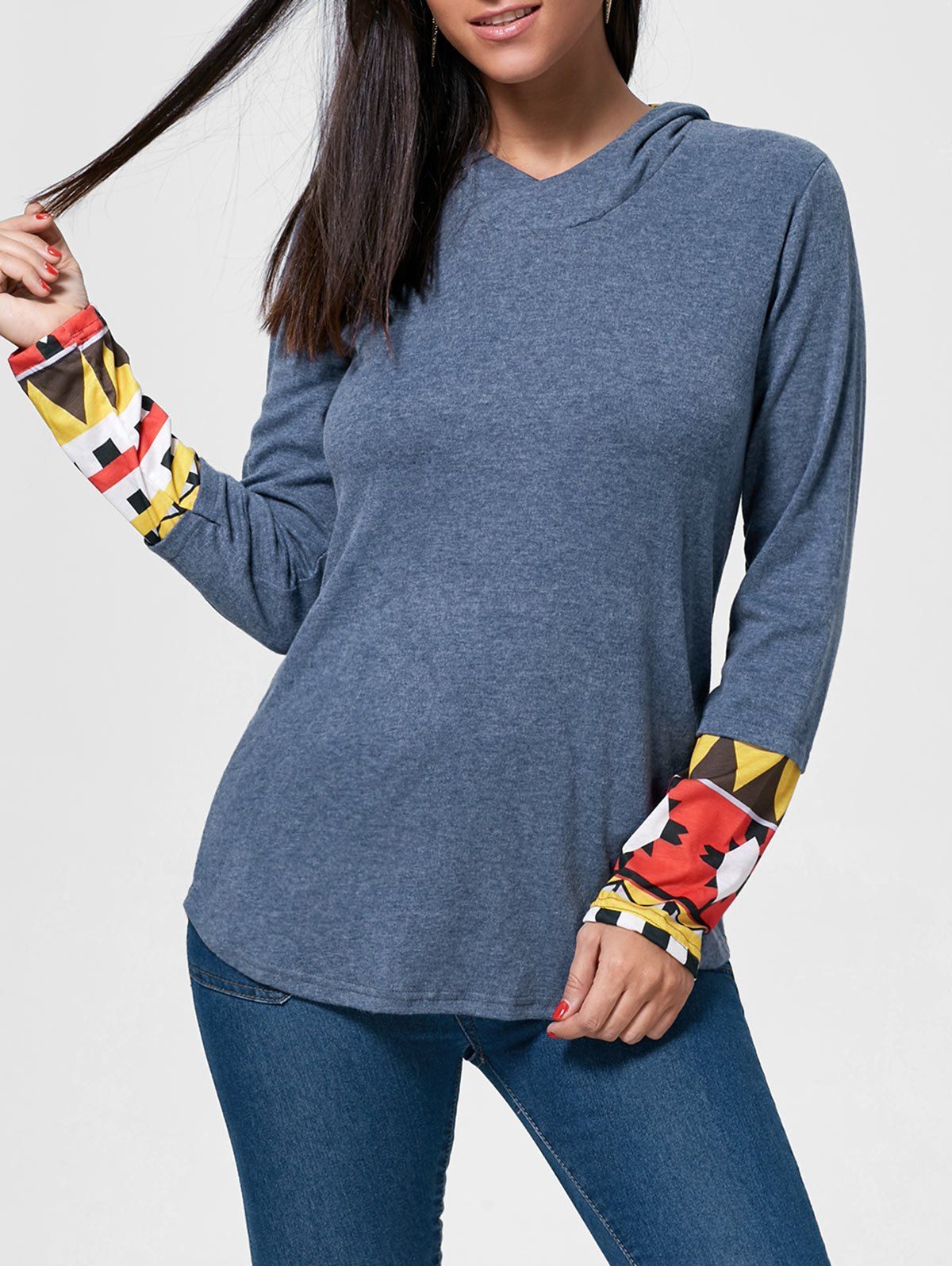 

Vintage Cowl Neck Printed Long Sleeve T-Shirt For Women, Blue