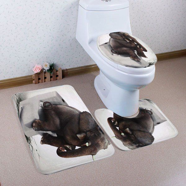

Thinker Elephant Pattern 3 Pcs Toilet Mat Bath Mat, Dun