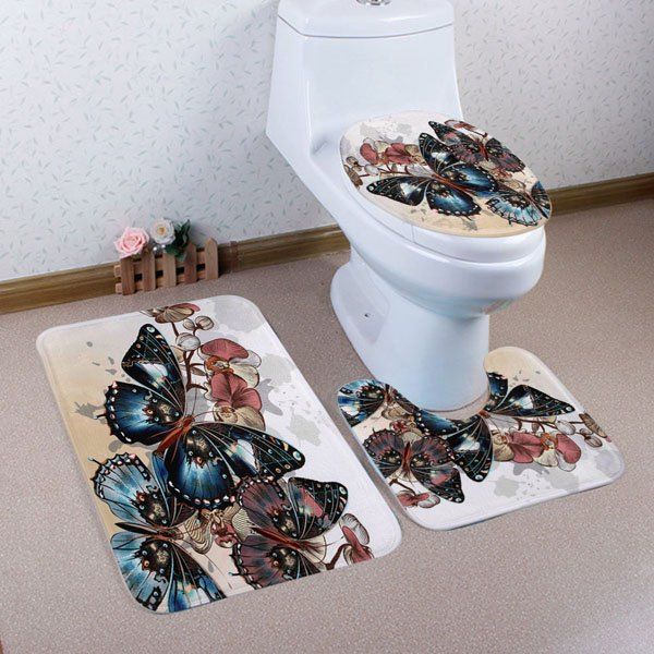 

Vintage Butterfly Pattern 3 Pcs Bath Mat Toilet Mat, Colormix