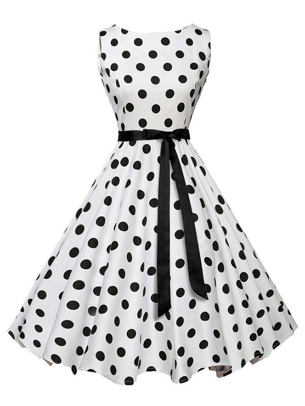 

Sleeveless Polka Dot Vintage Dress with Belt, White