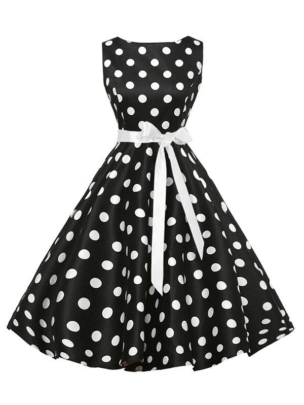 

Sleeveless Polka Dot Vintage Dress with Belt, Black
