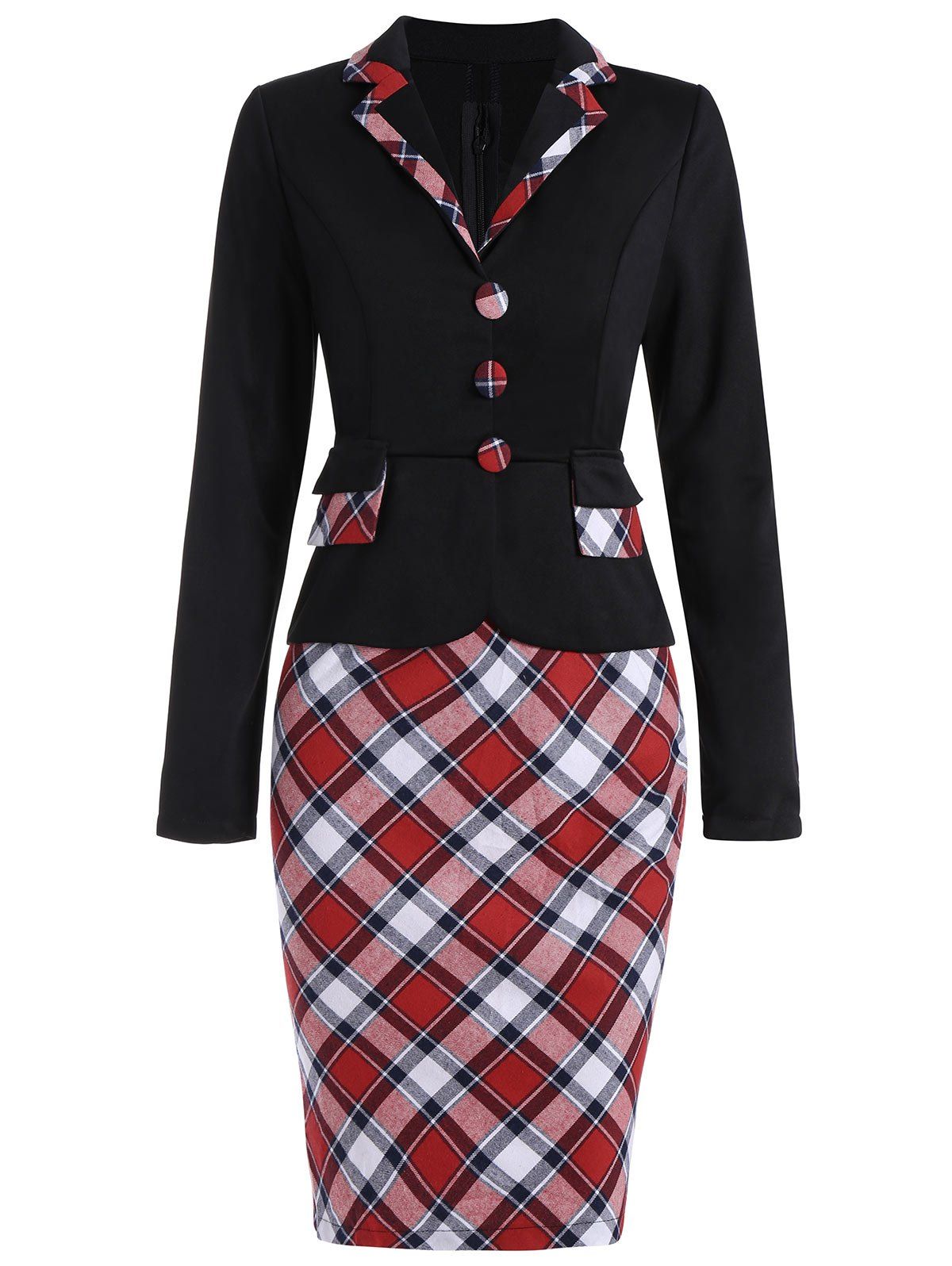 

Fitted Notched Long Sleeve Plaid Dress, Red
