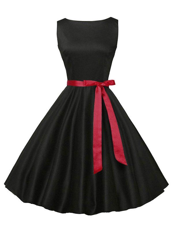 

Sleeveless Plain Vintage Belt Dress, Black