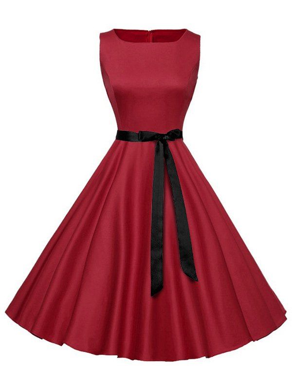 

Sleeveless Plain Vintage Belt Dress, Red