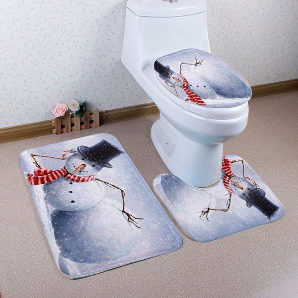 

Lying Snowman Pattern 3 Pcs Bath Mat Toilet Mat, White