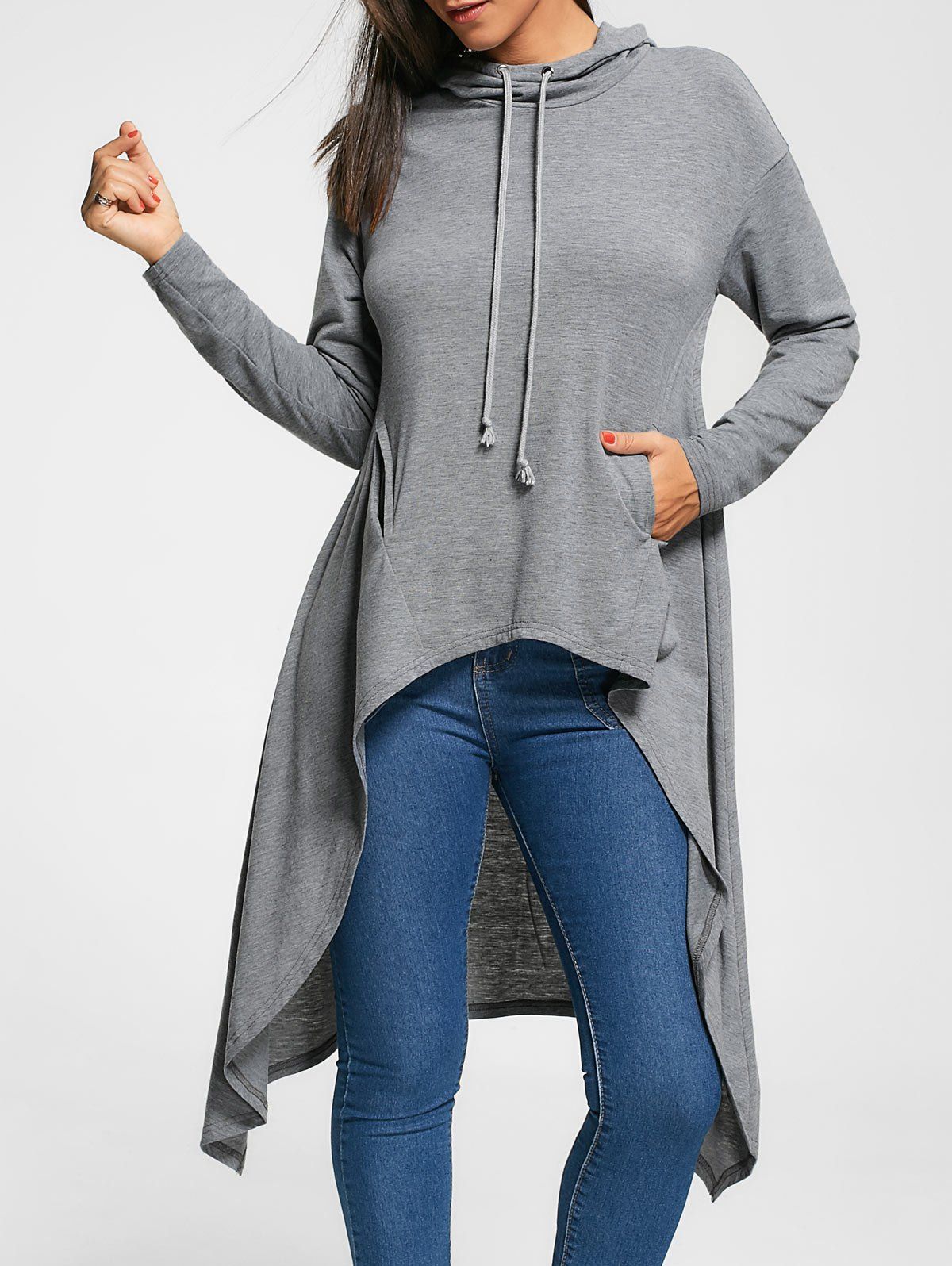 

Longline Slash Pockets Dovetail Hoodie, Gray