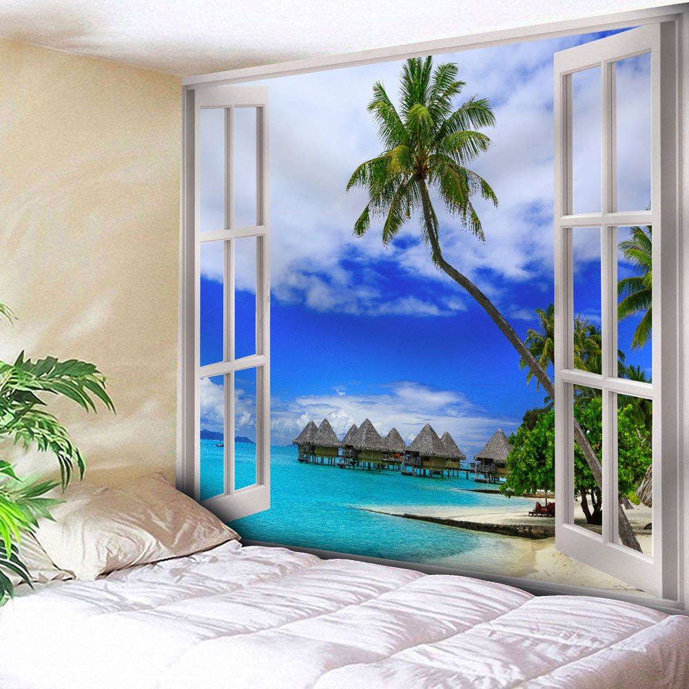 

Window Printed Wall Hanging Coconut Tree Tapestry, Blue