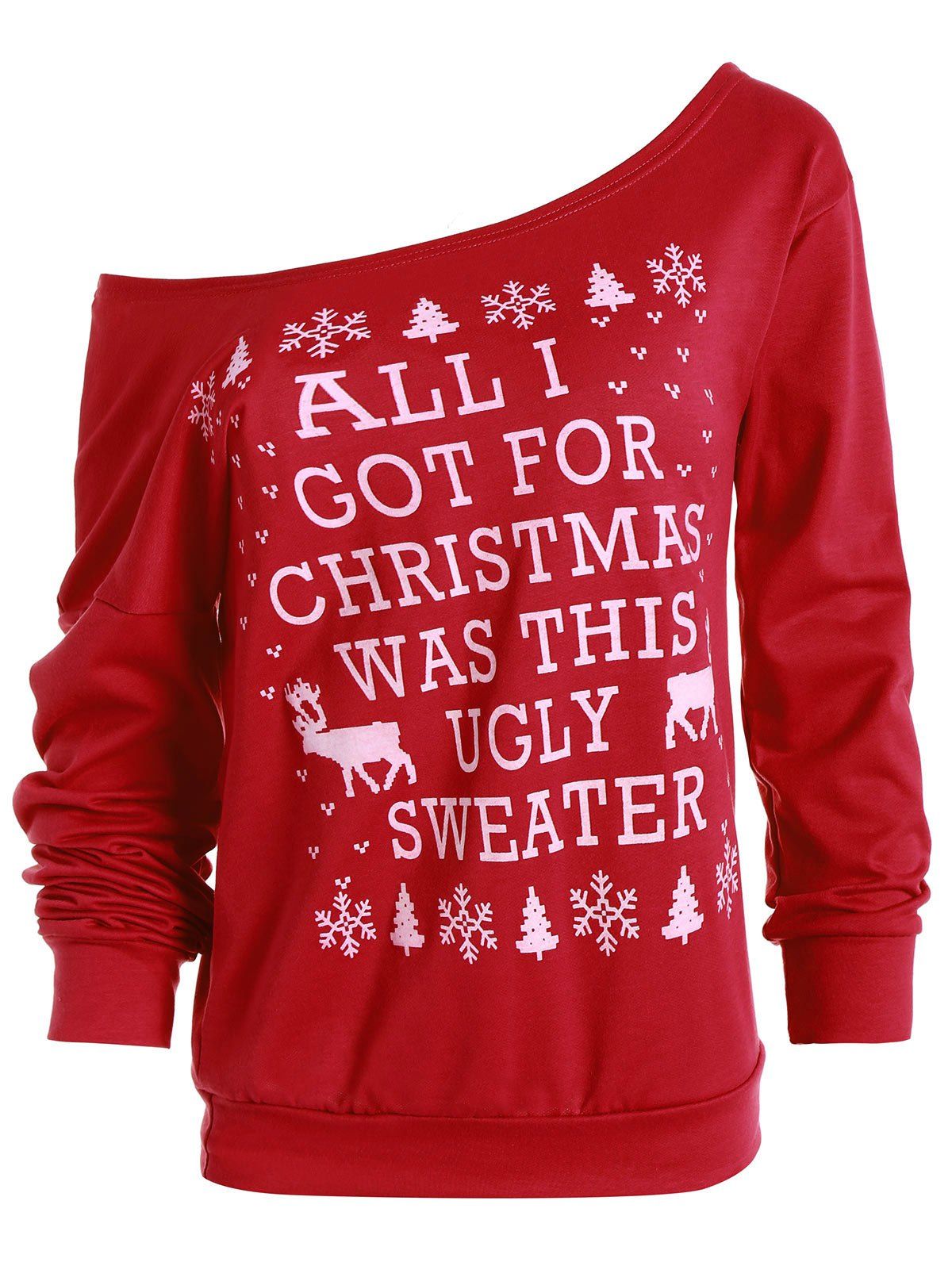 

Skew Neck Snowflake and Elk Printed Christmas Sweatshirt, Red