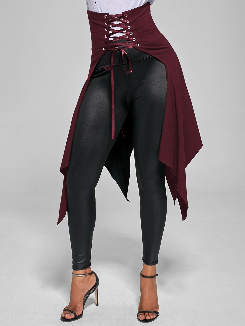 

High Waist Front Slit Lace Up Asymmetrical Skirt, Wine red